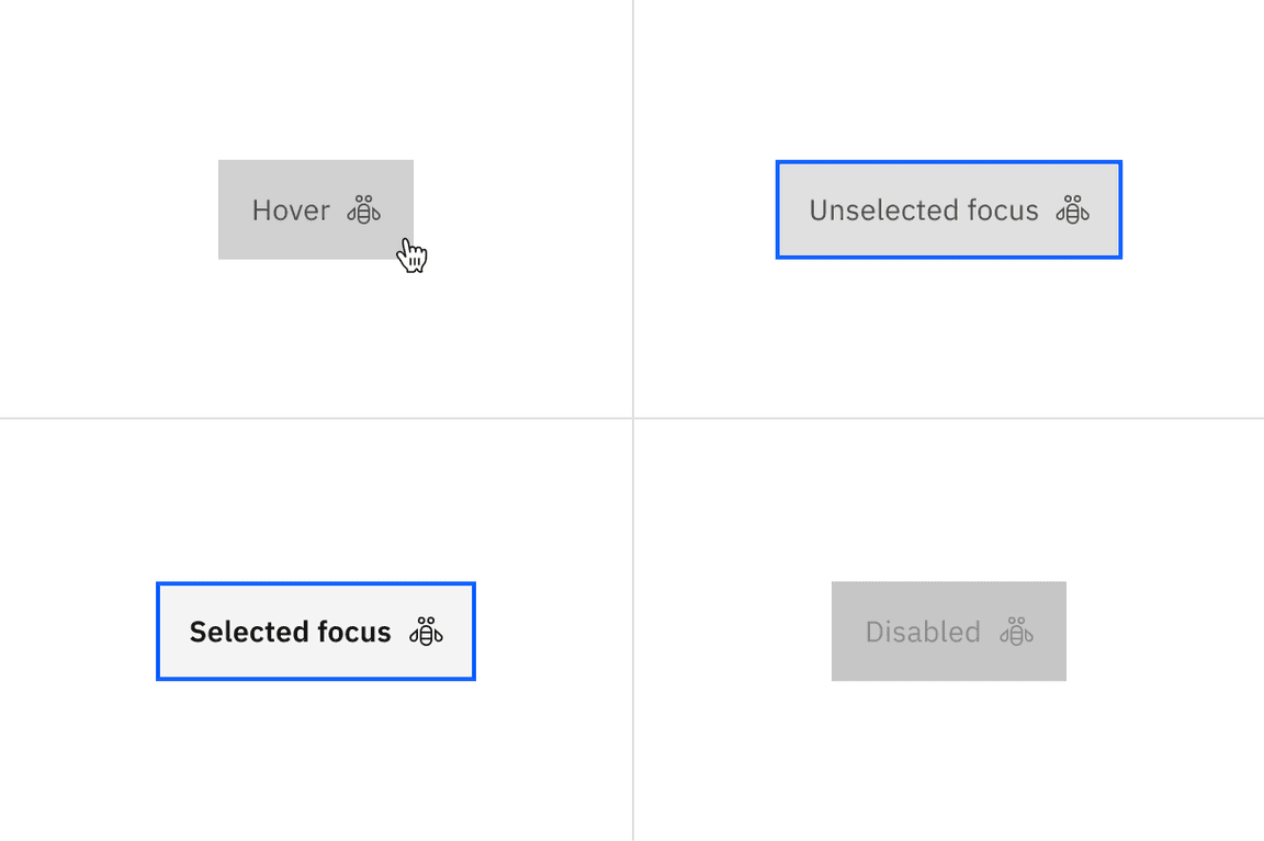 Examples of hover, unselected-focus, focus-selected, and disabled states for contained tabs.